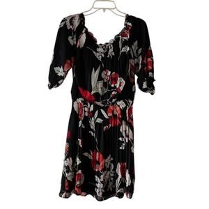 White House Black Market Red Floral Smocked Dress M Boho Peasant Style